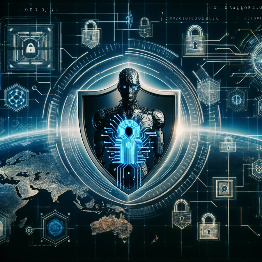 An eye-catching image of a cybernetic shield emblem superimposed over a map of Finland, symbolising the effective cybersecurity measures taken by 'Suomi Solutions'. Also, a silhouette of an artificial intelligence humanoid looming ominously in the background, illustrating the potential dangers of AI. Additionally, feature floating virtual screens showing complex codes and locks, vast networks, and symbolic firewall visualisations adding depth and context to the theme of cybersecurity and AI.