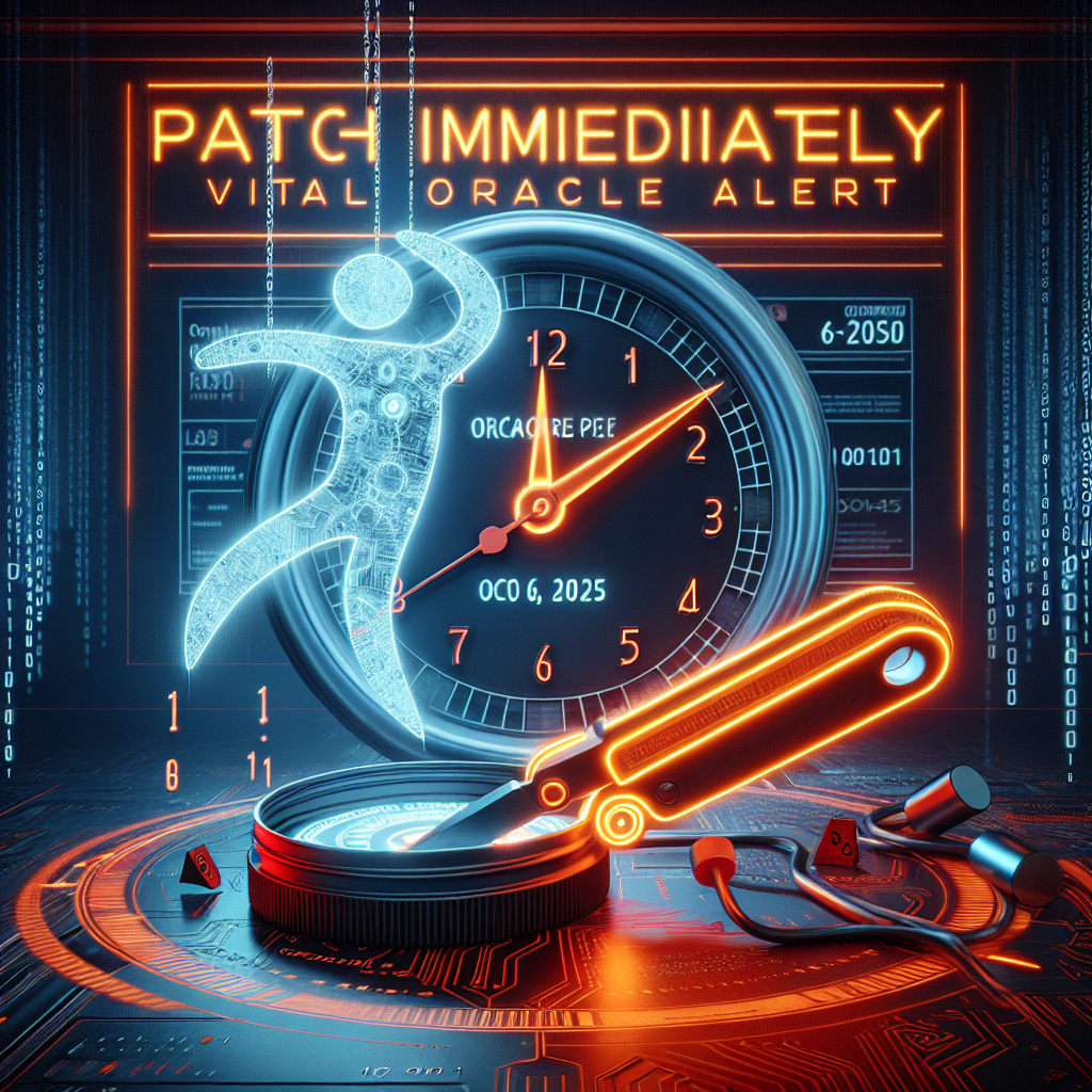 A digital themed image presenting an intensity of urgency. The scene is set against the backdrop of a large, bluish digital clock, frozen at the date October 6, 2025. In the foreground, a 3D model of a computer repair tool, glowing neon, swings onto a ghostly, transparent silhouette of Oracle's logo. Orange and red colors to signify danger and immediate action, with binary codes wafts in the background. The phrase 'Patch Immediately: Vital Oracle Alert' is written at the top in bold, tech-inspired fonts.