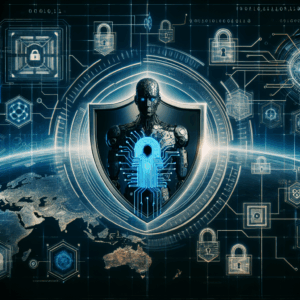 An eye-catching image of a cybernetic shield emblem superimposed over a map of Finland, symbolising the effective cybersecurity measures taken by 'Suomi Solutions'. Also, a silhouette of an artificial intelligence humanoid looming ominously in the background, illustrating the potential dangers of AI. Additionally, feature floating virtual screens showing complex codes and locks, vast networks, and symbolic firewall visualisations adding depth and context to the theme of cybersecurity and AI.