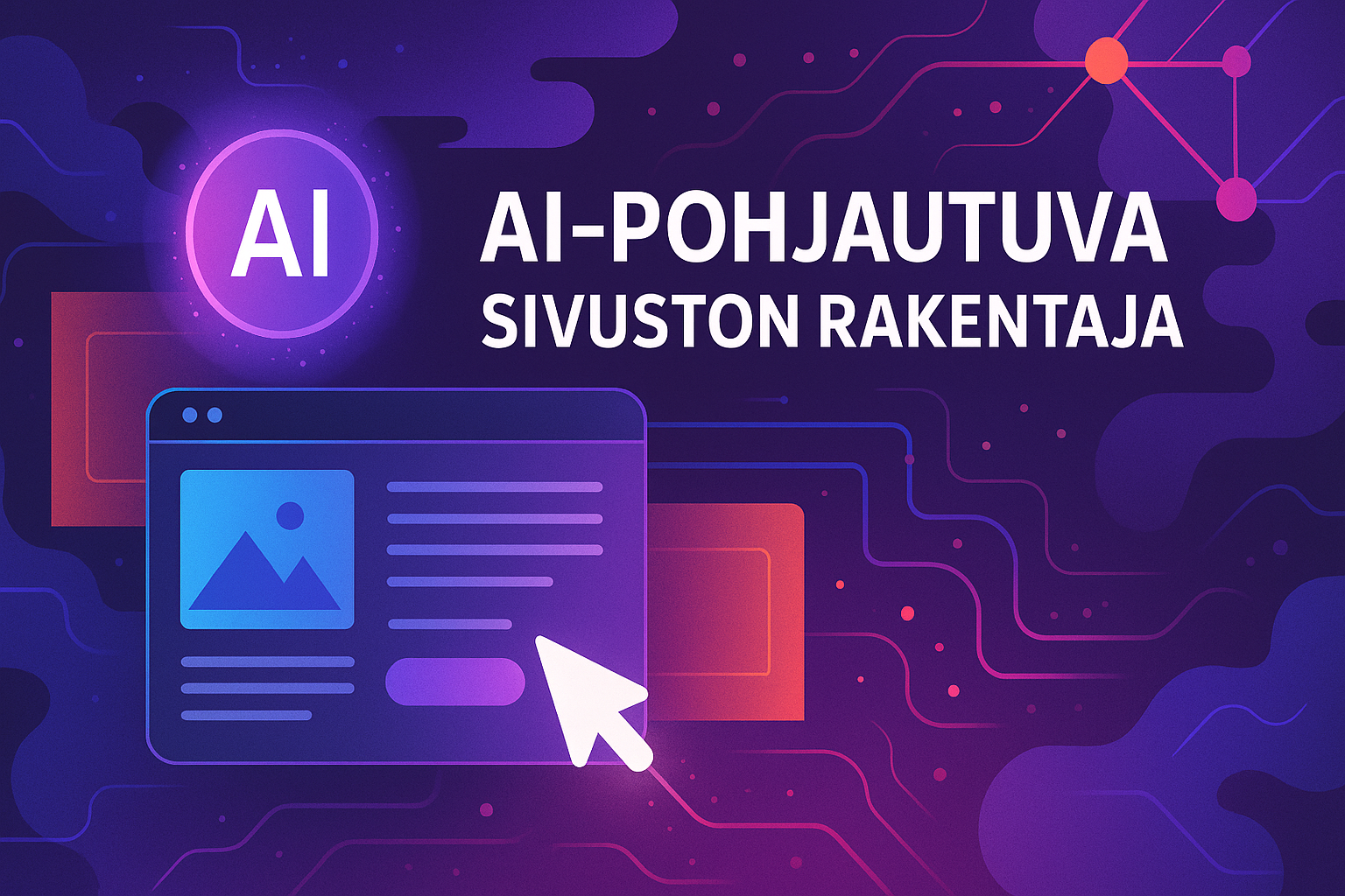 Suomi Solutions AI-pohjautuva sivuston rakentaja modernilla taustalla, joka sisältää teknologisia elementtejä ja graafisia kuvastoja. Kuvassa korostuu tekoälyn käyttö verkkosivujen luomisessa, mikä helpottaa ja nopeuttaa prosessia.
