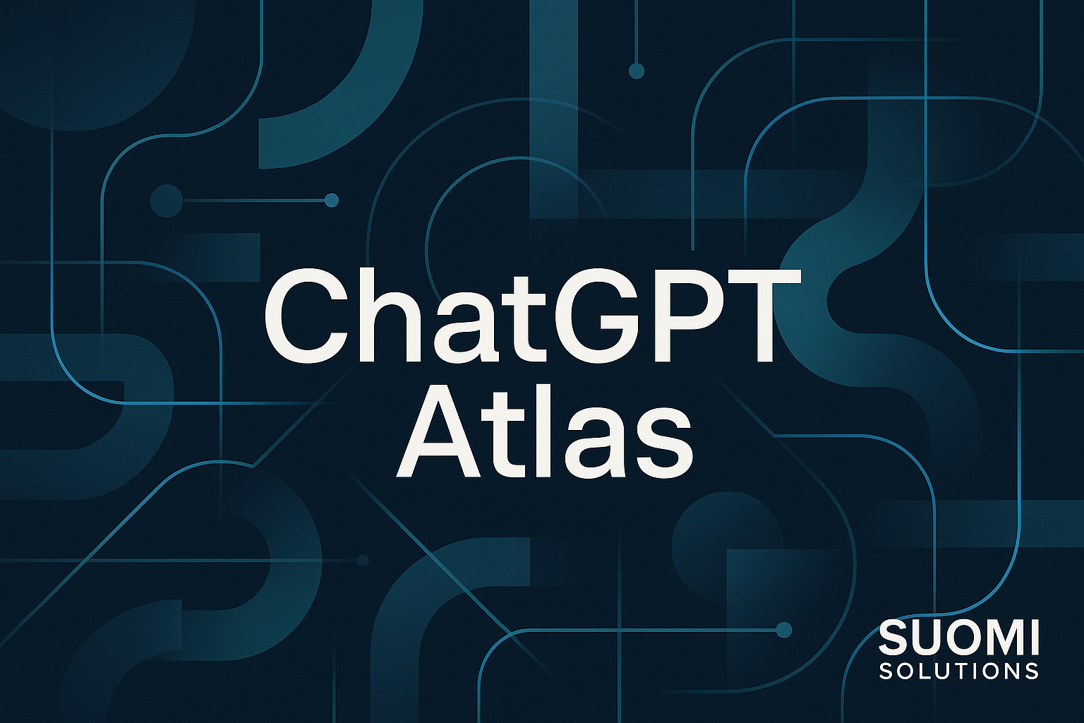 ChatGPT Atlas -logokuva, jossa on moderni ja abstrakti taustakuva tummansinisellä värillä sekä valkoiset tekstit "ChatGPT" ja "Atlas". Kuvassa on myös graafisia elementtejä, jotka symboloivat teknologiaa ja innovaatioita.